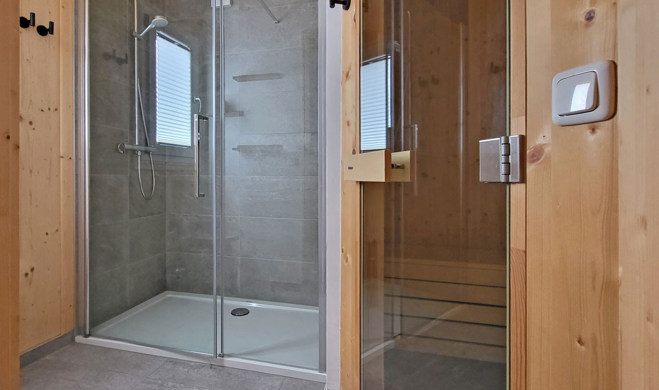 Badezimmer mit Dusche und Sauna
